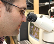 Researcher lookig through microscope
