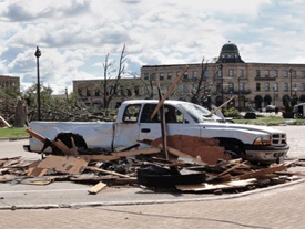 wind-borne debris damage to a vehicle from the EF-3 Tornado in Goderich, On