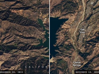 Before and after satellite images of a reservoir recovering from drought