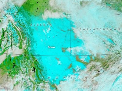 False colour satellite image of early season snow cover on the Canadian prairies