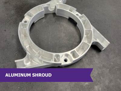 Aluminum Shroud: custom machining, CNC, machined aluminum, custom machining, mechanical engineering, prototype manufacturing, Western University, and technical design