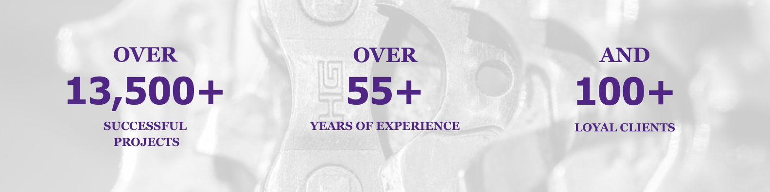 A graphic showcasing UMS milestones: 'Over 13,500+ Successful Projects', 'Over 55+ Years of Experience', and '100+ Loyal Clients'. The text is displayed in bold purple font over a faded background image of industrial metal components.